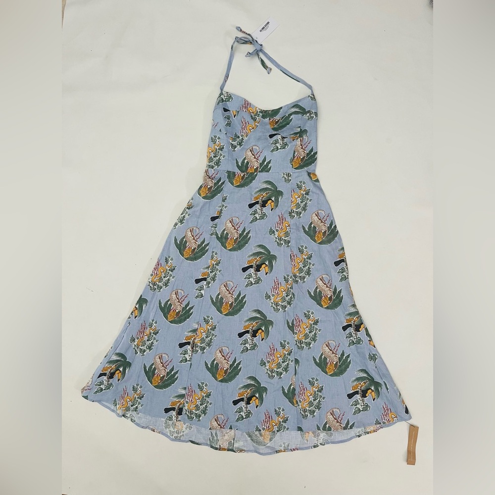 NWT Reformation Jana in Yucatan Toucan Snake Linen Tie Back Midi Dress 12 $218
